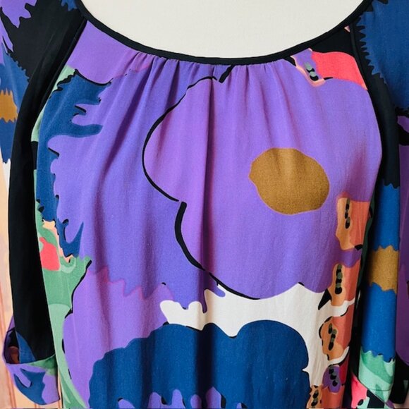 Tibi‎ Silk Bold Floral Mini Tunic Dress Smock Neck Tie Back Size 2 Purple Navy - Picture 2 of 8